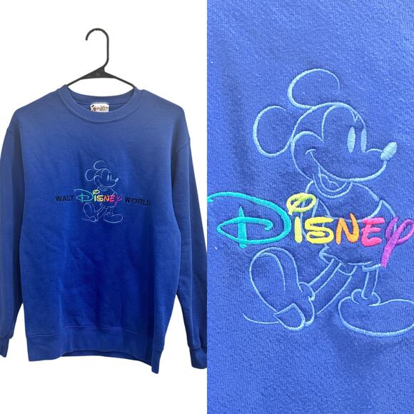 Disney Vintage 90s Blue Rainbow Mickey Embroidery Crewneck Pullover Sweatshirt - Picture 1 of 11